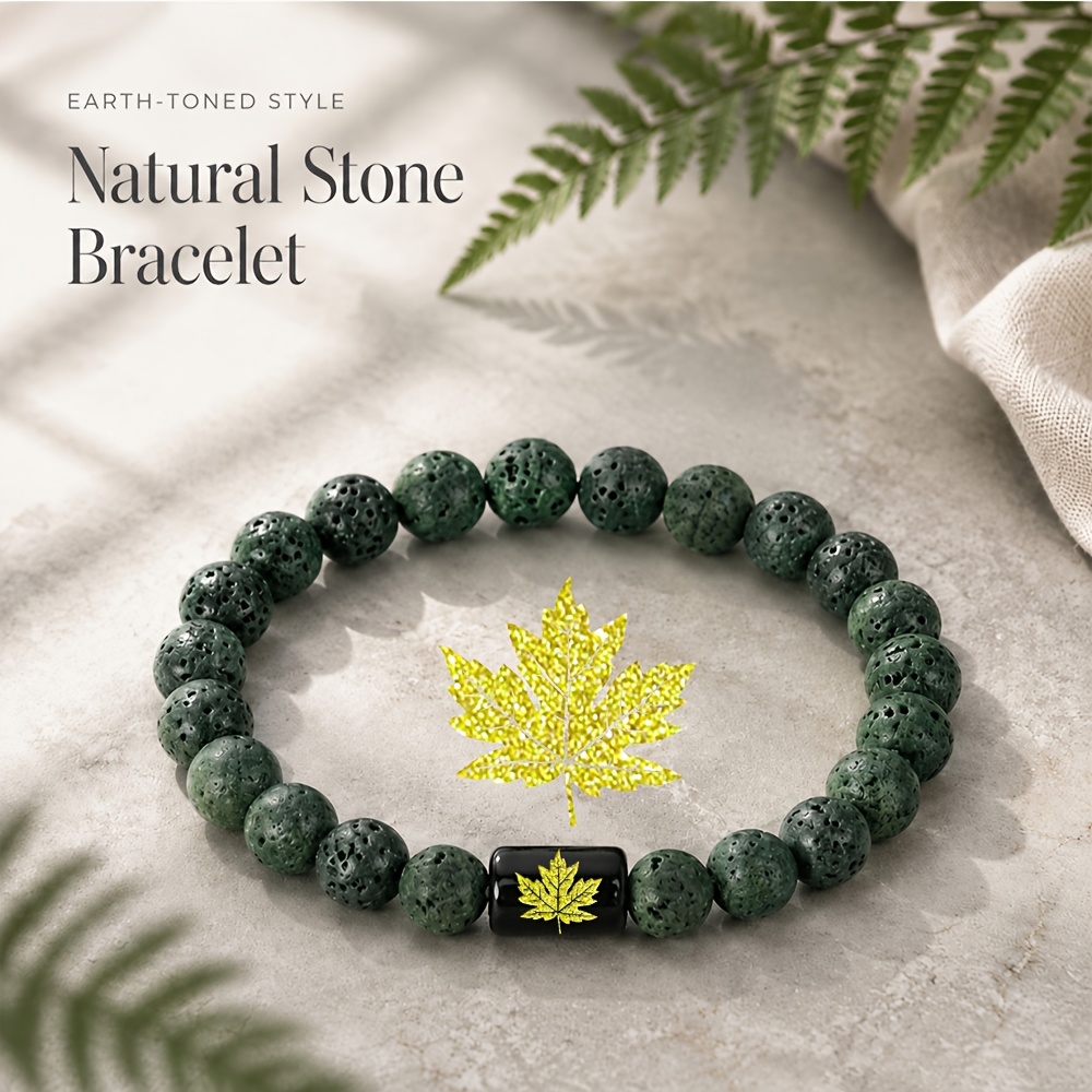Natural Stone Beaded Bracelet with Golden Maple Leaf